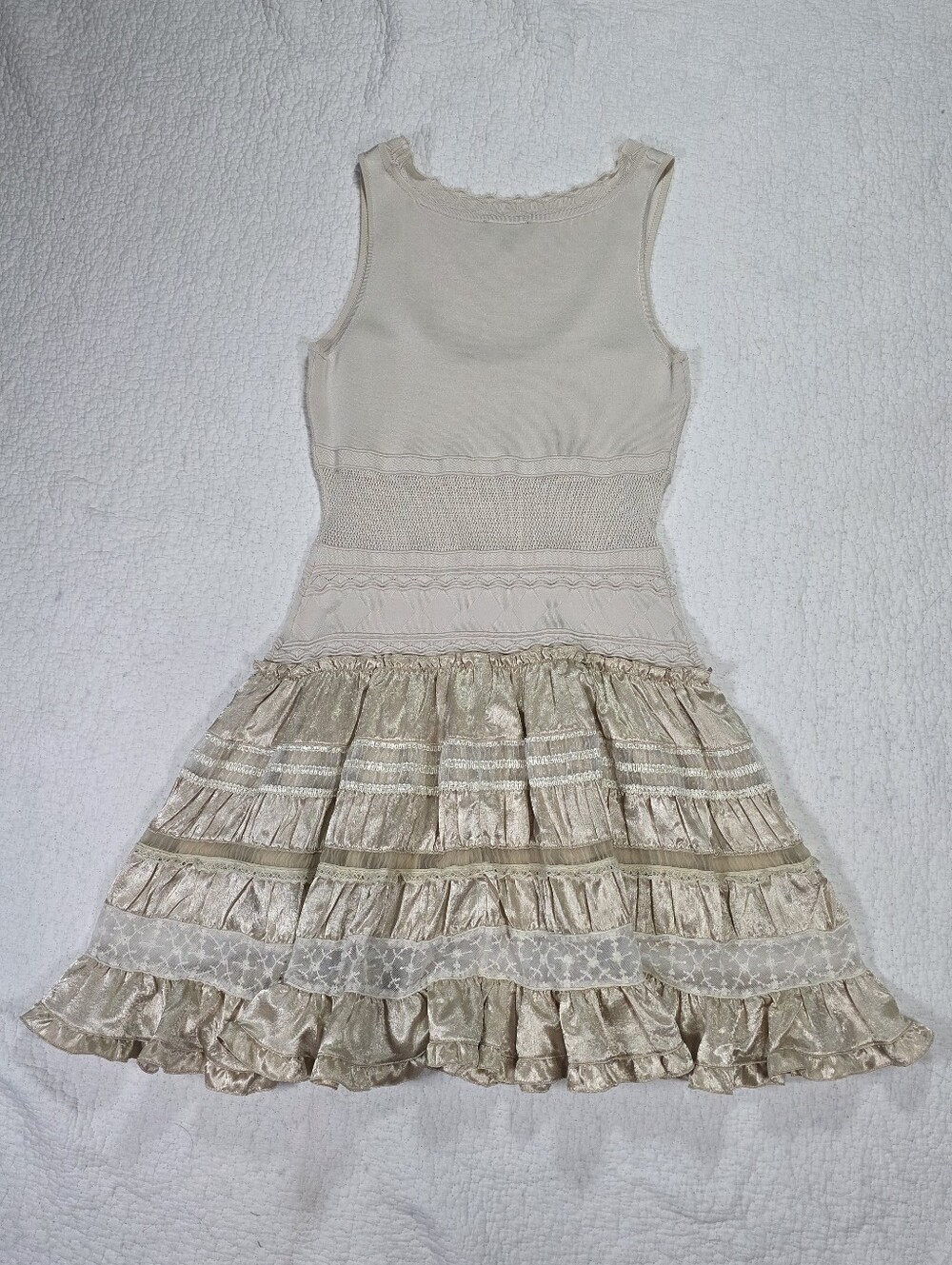 Bebe Cream Satin Ruffle-Tier Mini Dress - Picture 2 of 7